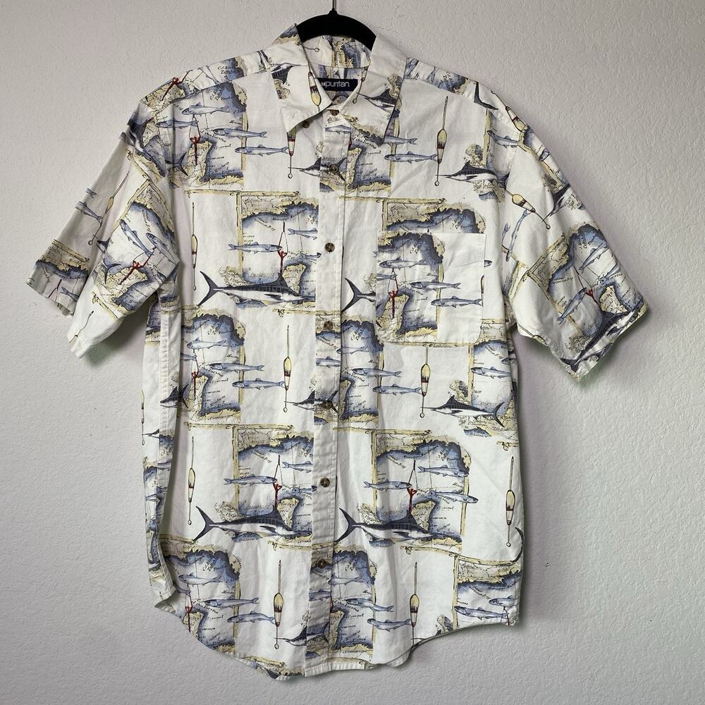 Puritan Mens Short Sleeve Button Up‎ Medium Fishing 100% Cotton Resort Vacation